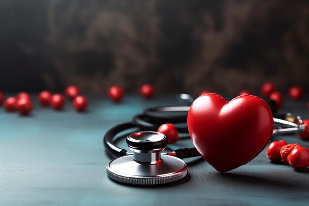 Foto fondo oscuro estetoscopio y corazón rojo simbolizan la salud vital del corazón