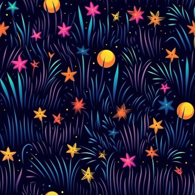 Un fondo oscuro con estrellas de colores y ai generativo de hierba.