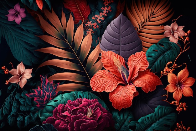 Fondo oscuro de flores y hojas tropicales