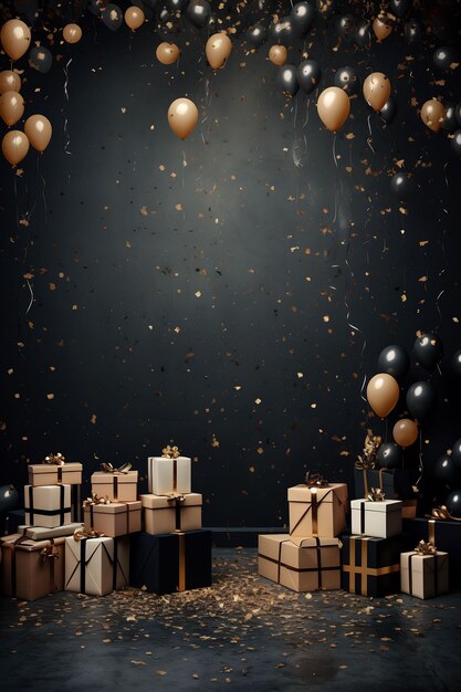 un fondo oscuro con globos y regalos en el suelo