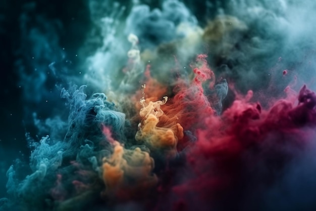 Un fondo oscuro con humo y un humo azul y rojo.