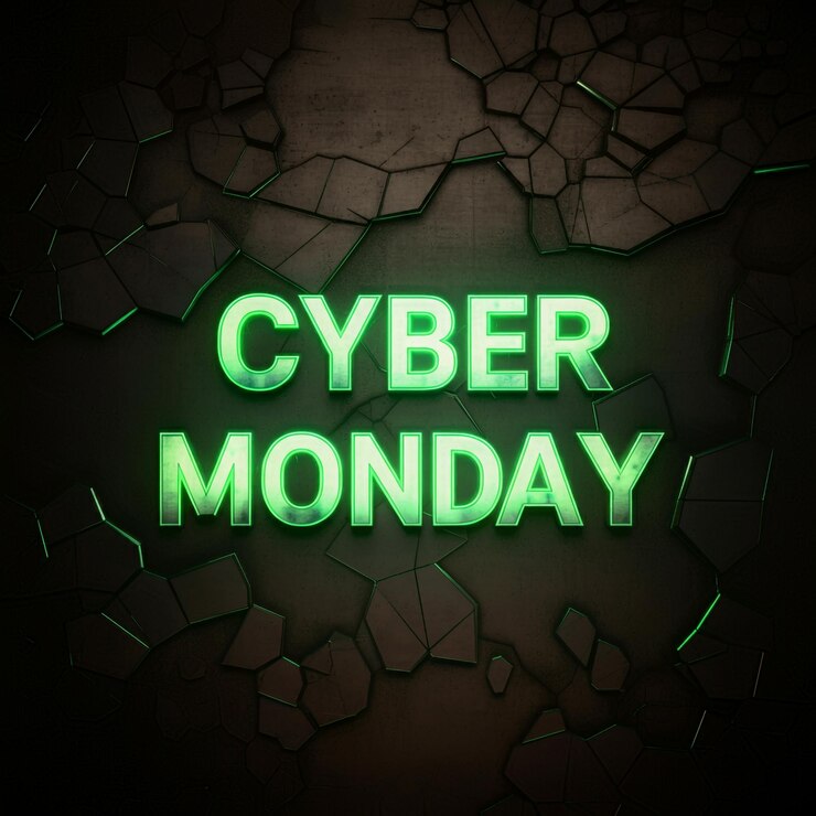 Foto un fondo oscuro con un letrero de neón verde que dice cyber lunes en él