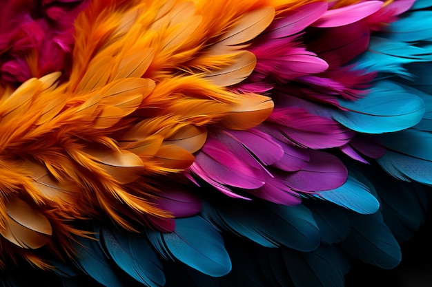 El fondo oscuro muestra una pluma dorada en medio de una vibrante cascada de plumas de colores