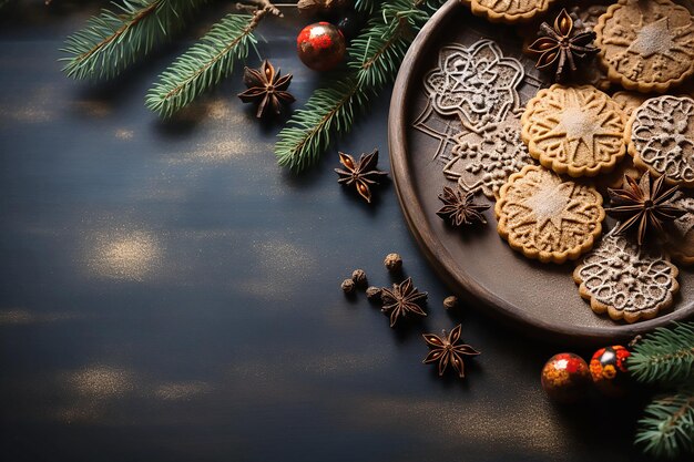 Fondo oscuro de Navidad con ramas de pino y galletas copiar espacio para el texto