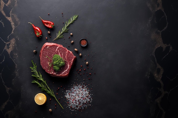 Foto un fondo oscuro de piedra de pizarra con carne de bistec