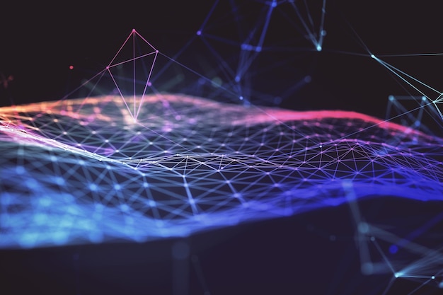 Fondo oscuro de tecnología abstracta con renderizado 3D de plexo triangular digital brillante