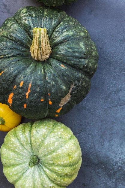 Fondo otoñal Caída de otoño natural ver calabazas sobre fondo de esquisto de piedra negra oscura Cambio de estaciones concepto de alimentos orgánicos maduros Fiesta de Halloween Día de acción de gracias Espacio de copia de vista superior endecha plana