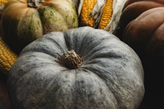 Fondo otoñal entonado de calabazas y maíz