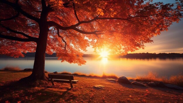 Fondo de otoño con borde de oro naranja y hojas de arce rojo en el parque natural en el fondo