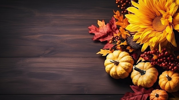 Fondo de otoño con calabazas, flores, hojas y bayas.