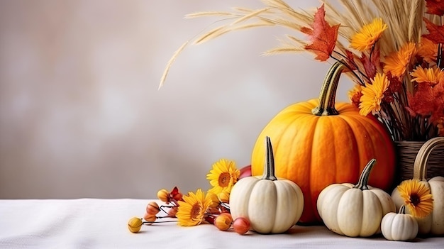 Fondo de otoño con calabazas, flores, hojas y bayas.