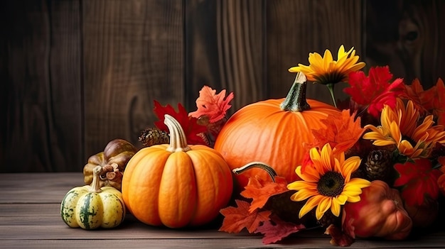 Fondo de otoño con calabazas, flores, hojas y bayas.