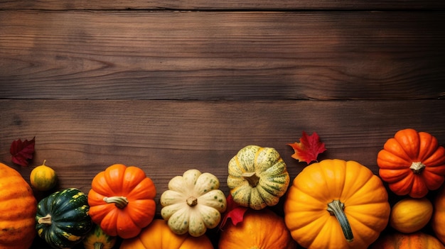 Fondo de otoño con calabazas y hojas sobre fondo de madera oscura IA generativa