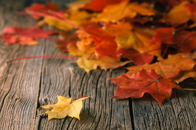 Fondo de otoño con hojas de arce en mesa de madera