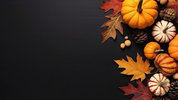 Foto fondo de otoño con hojas de calabaza en una mesa de madera negra