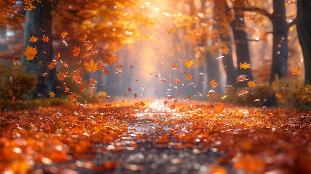 En un fondo de otoño, las hojas del camino del bosque de otoño caen en el suelo en noviembre.