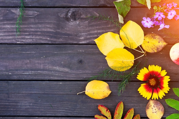 Fondo de otoño con hojas y flores en el fondo de madera marrón