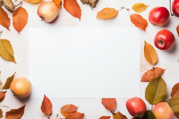 fondo de otoño con hojas de manzanas y un papel blanco en blanco al estilo de un afiche