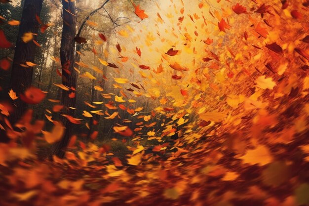 Fondo de otoño con hojas que caen en un bosque Ai generativo