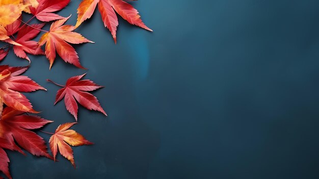 Fondo de otoño con hojas rojas de color sobre fondo de pizarra azul Vista superior del espacio de copia