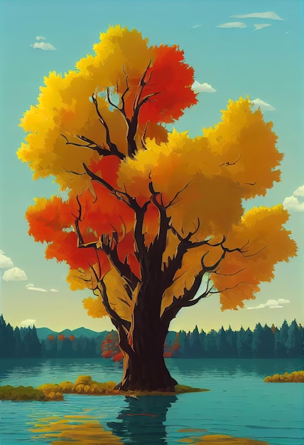 Fondo de otoño Lago o río con arbustos naranjas y árboles Ramas de árboles coloridas Ilustración 3d