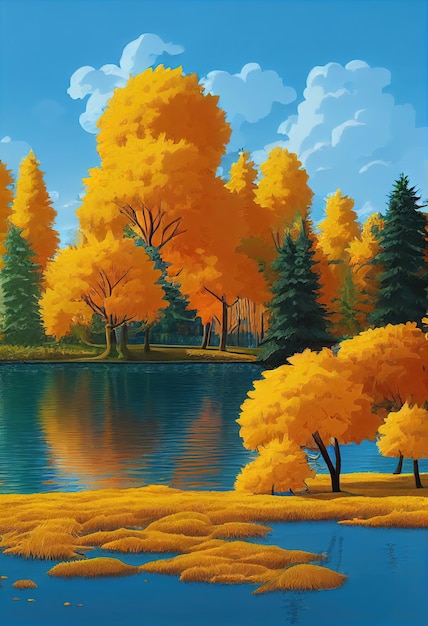 Fondo de otoño Lago o río con arbustos naranjas y árboles Ramas de árboles coloridas Ilustración 3d