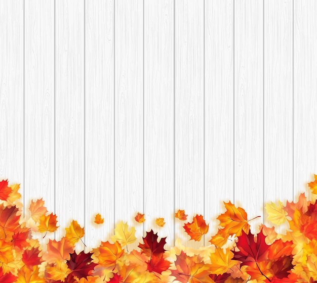 Foto fondo de otoño con marco de hojas de arce rojo amarillo naranja sobre textura de madera blanca ai generativo