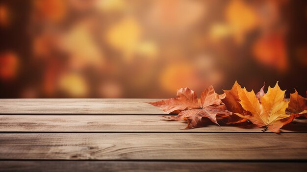 Fondo de otoño con mesa de madera con hermosas hojas de naranja