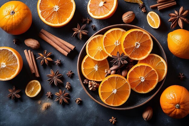 Fondo de otoño con naranjas confitadas nueces y especias