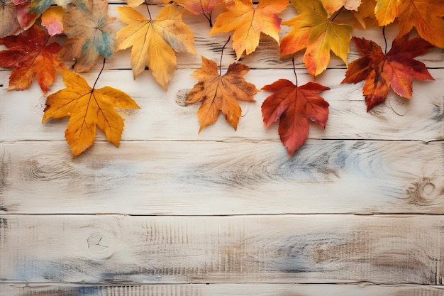 Foto el fondo de otoño del otoño deja espacio para el texto sobre un fondo de madera blanca