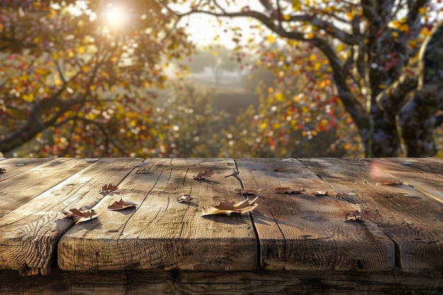 Fondo de otoño con rayos de sol brillando sobre una mesa de madera y follaje colorido en un bosque sereno