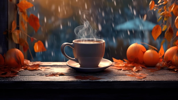 Fondo de otoño con taza de café Ilustración AI GenerativexA