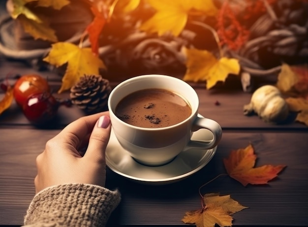 Fondo de otoño con taza de café