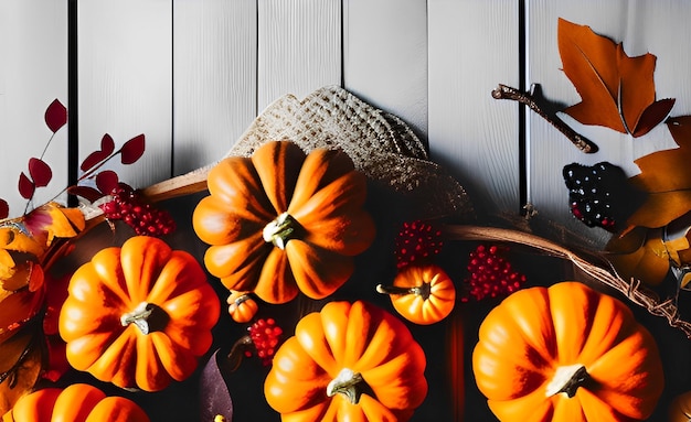 Fondo de otoño. Tendido plano con calabazas, hojas caídas y frutas sobre una mesa de madera. Acción de gracias