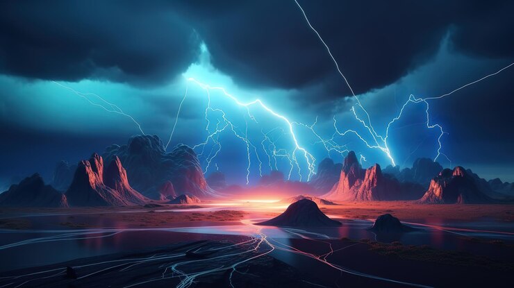 Fondo de paisaje abstracto con símbolo de perno de neón brillante Ai generativo