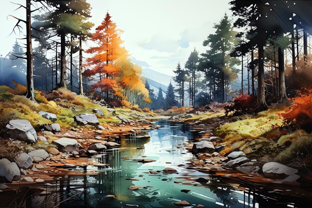 Fondo de paisaje de acuarela de otoño Arte generativo Ai