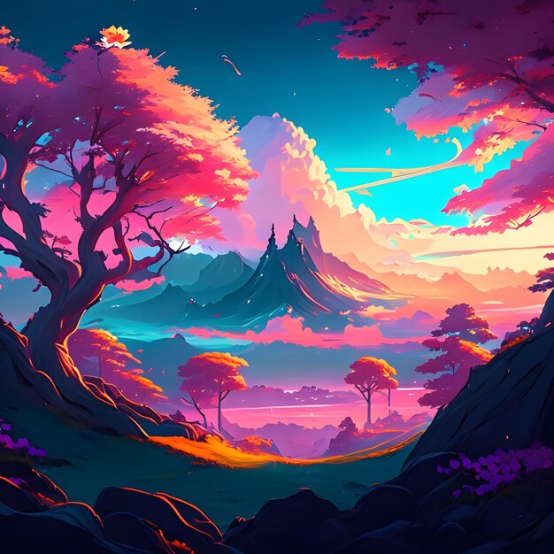 fondo de paisaje de anime con árbol rosa y monte