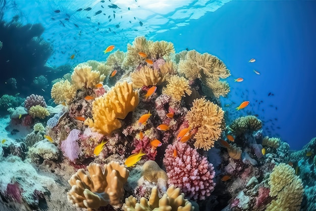 Fondo de paisaje de arrecife de coral submarino en el océano azul profundo AI de Maldivas