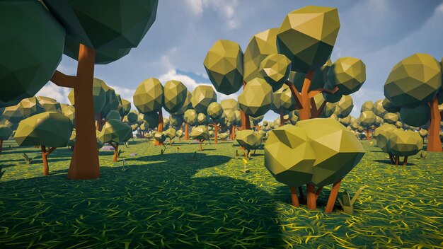 Fondo de paisaje de bosque de baja poli sin humanos y animales 3d render