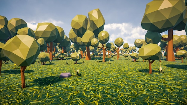 Fondo de paisaje de bosque de baja poli sin humanos y animales 3d render