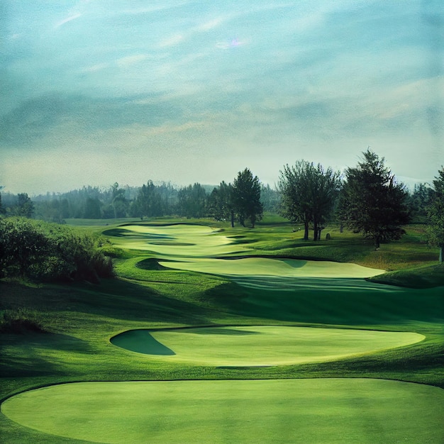 Fondo de paisaje de campo de golf con hierba verde en un día soleado