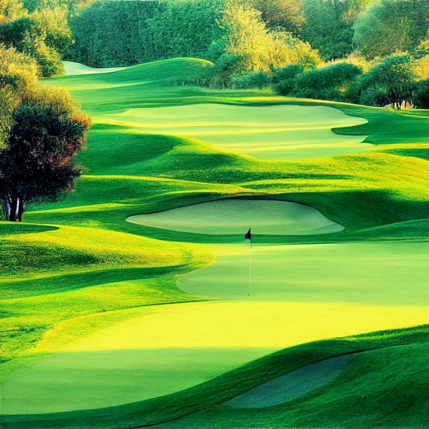 Fondo de paisaje de campo de golf con hierba verde en un día soleado