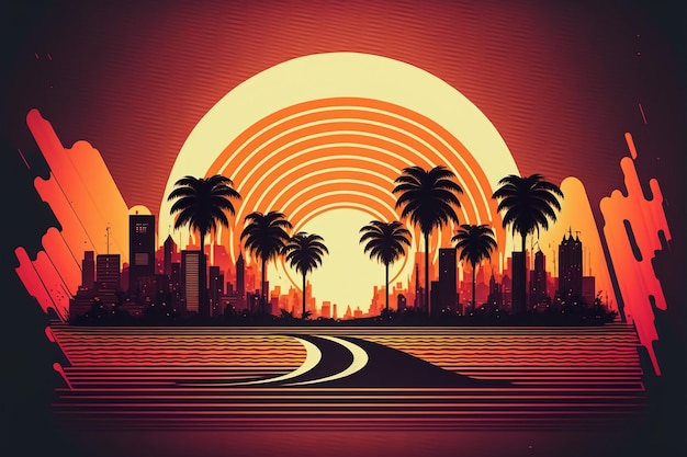 fondo de paisaje de ciudad retro de onda al atardecer