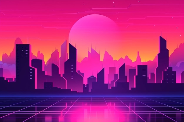 Fondo de paisaje de ciudad retro de onda sintetizada al atardecer generativo ai