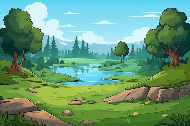 fondo de paisaje de dibujos animados con hierba árboles flor y roca