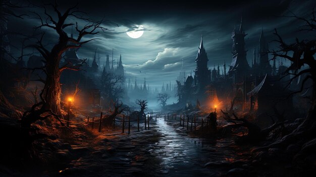 Fondo de paisaje espeluznante de noche fantástica para el arte generativo de Halloween Ai