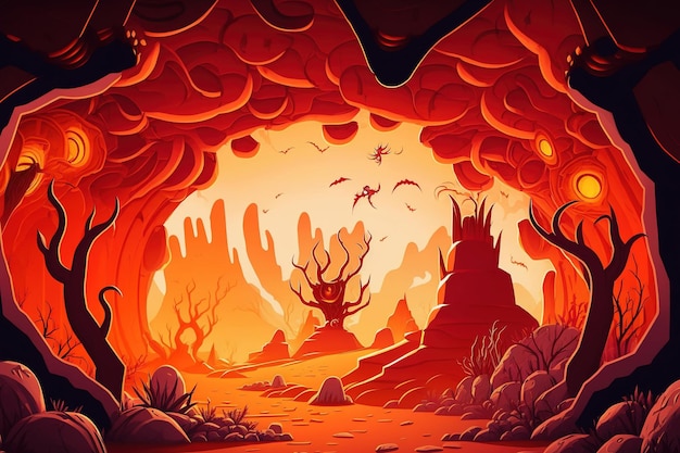 Fondo de paisaje de fantasía en el infierno con larva en una ilustración digital