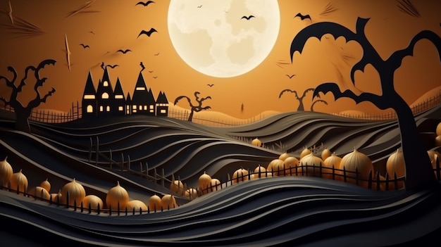 Foto fondo de paisaje de halloween en 3d con un castillo encantado, cielo nocturno, bosque de fantasía a la luz de la luna, ia generativa