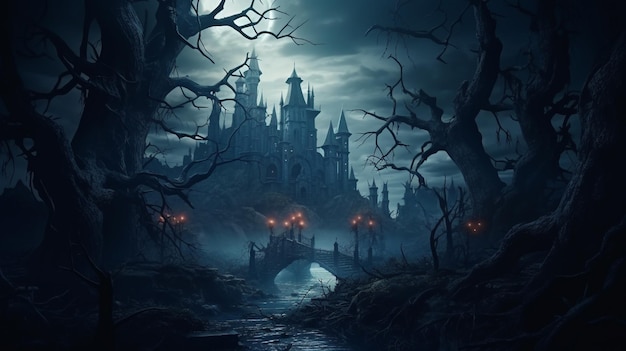 Fondo de paisaje de Halloween con un castillo encantado, cielo nocturno, bosque de fantasía a la luz de la luna, IA generativa