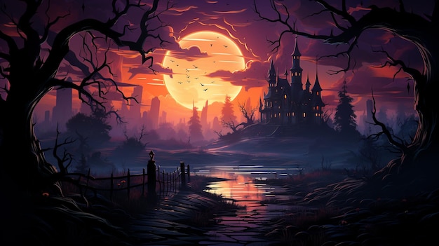 Fondo de paisaje de Halloween con un castillo encantado, cielo nocturno, bosque de fantasía a la luz de la luna, IA generativa